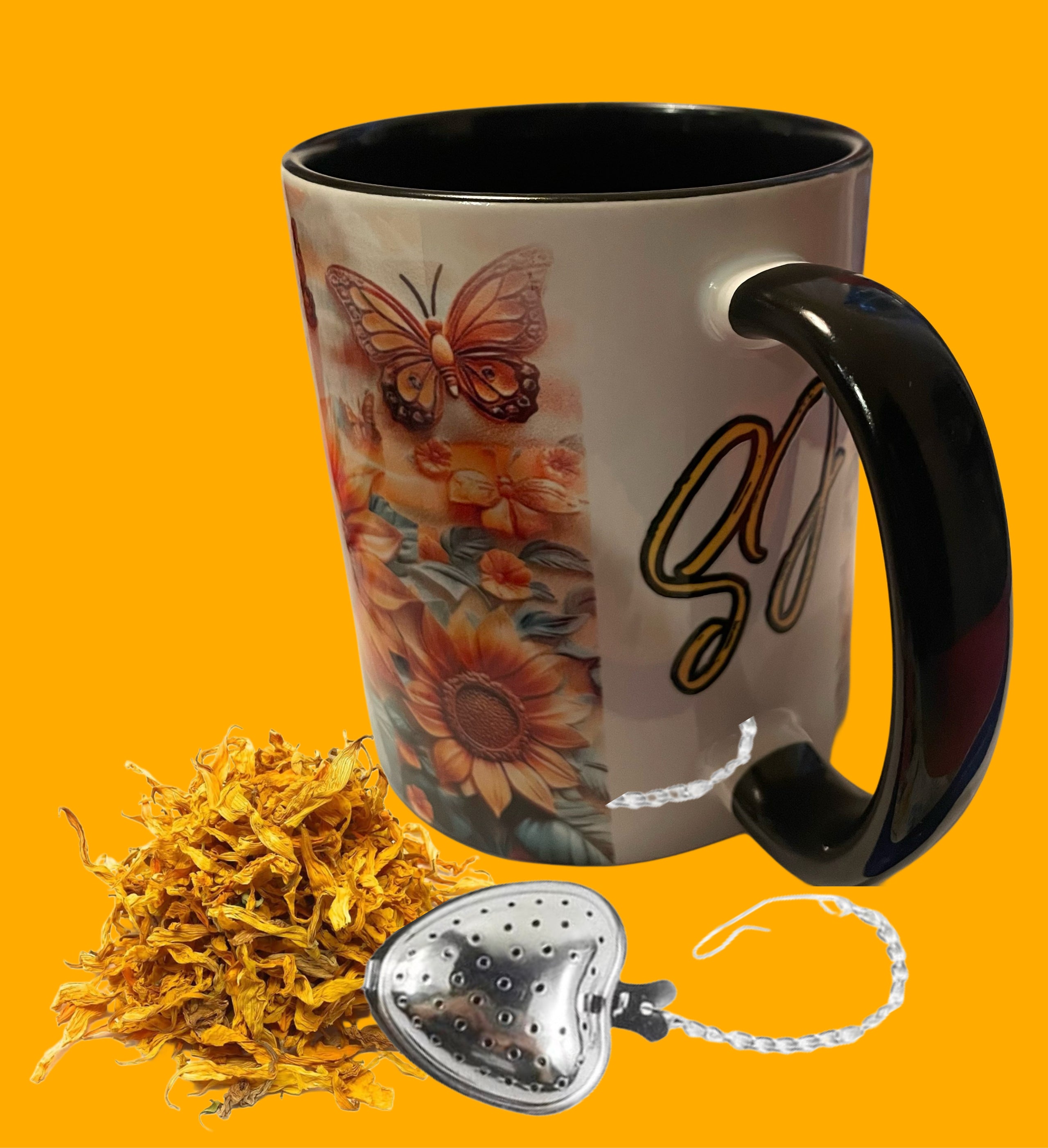 SJ Sunflower Days Mug w/ German Organic Edible Sunflower Petals Plus Tea Infuser